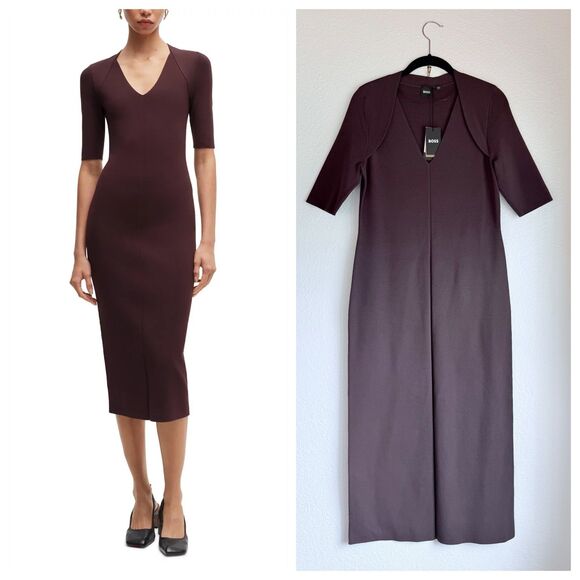 NWT BOSS Hugo Boss Fezanin Half Sleeve Knit Bodycon Dress in Burgundy Size XL - Picture 1 of 16